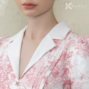 Robe midi vintage rose à fleurs avec col cranté, manches bouffantes, taille cintrée, coupe trapèze, robe tendance pour femme, services OEM ODM - Product Image 3