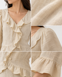Beige Cotton-<b>Linen</b> Ruffled V-Neck Two-Piece Set | Long Sleeve Peplum <b>Top</b> Tiered Maxi Skirt Modern Breathable Natural Party Wear - Product Image 6