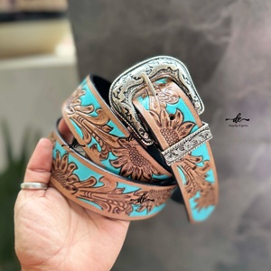 Nouveauté Ceintures en cuir travaillées à la main Ceintures élégantes faites à la main Couleur turquoise Boho Vintage Ceintures en cuir élégantes de style western - Product Image 1