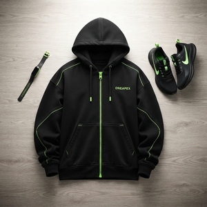 Sudadera con Capucha Negra Personalizada con Cierre Completo, Detalles en Verde Neón, Estilo Urbano Holgado - Product Image 4