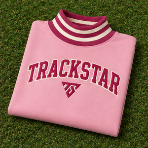 Women's Light <b>Pink</b> Mock Neck <b>Sweatshirt</b> with White Striped Trim Varsity Letters Long Sleeve Custom Logo - Product Image 5