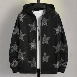 Sudadera con capucha para hombre con cremallera, de forro polar de 350 g/m², con estrellas de diamante y pedrería brillante, de fabricante mayorista - Product Image 5