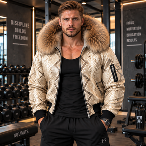 <b>Men's</b> Python Leather Zip <b>Jacket</b> with Luxurious Fur Hood Designer Streetwear Coat | Herren Lederjacke | Chaqueta Hombre Cuero - Product Image 5