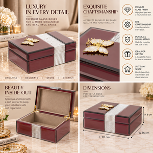 Caja de Almacenamiento de Joyas de Vidrio Borgoña con Detalle de Mariposa Dorada y Cristal, Acabado Brillante, Forro Suave, Organizador Decorativo - Product Image 6