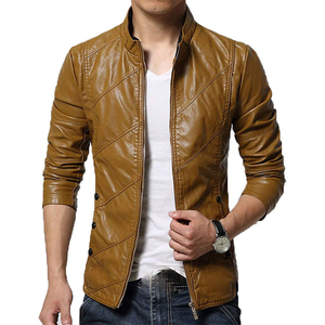 Men's Brown PU Leather Moto <b>Jacket</b> Stand Collar Zipper Closure <b>Slim</b> <b>Fit</b> Regular Length Solid Color Autumn Wear - Product Image 1
