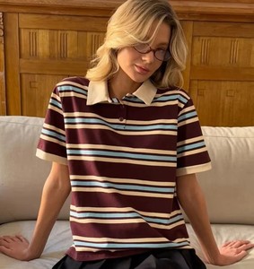 Chemise de rugby pour femme à manches courtes, col demi-boutonné, en maille Oxford, style décontracté vintage preppy, pour l'été - Product Image 4