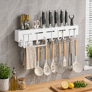 <b>Wall</b> <b>Mounted</b> Kitchen Organizer Rack with Hooks Knife Holder Multi-Functional Storage <b>Shelf</b> Utensil Hanging Rack - Product Image 1