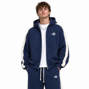 Ensembles amples pour hommes, comprenant des sweats à capuche boxy à fermeture éclair intégrale avec empiècements contrastants et des joggers à jambe large, en molleton de coton personnalisé 450 GSM, vierges et surdimensionnés - Product Image 2