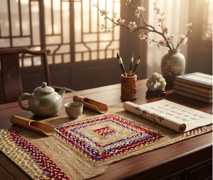 Mantel de Mesa Rectangular de Lujo Hecho a Mano con Diseño Bohemio de Yute y Algodón Trenzado Antideslizante, Logotipo Personalizado, Exportador Indio Económico - Product Image 5