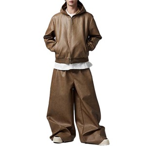 Men's Brown Leather Hooded Tracksuit Set Full Length Loose Fit Streetwear Solid Color Zipper Closure Side Pockets - Product Image 5