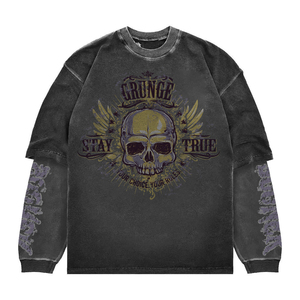 Top Selling Retro ACID Wash T-shirt Double Layer Long Sleeve With Drop Shoulder <b>Tshirt</b> Plus Size Men's Shirt - Product Image 3