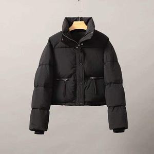 Chaqueta Acolchada Negra para Mujer, Cuello Alto, Manga Larga, Relleno de Poliéster, Cortavientos, Abrigo de Invierno, Corto - Product Image 1