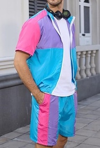 Men's Color Blocking Tracksuit Short Sleeve <b>Zip</b>-<b>Up</b> <b>Jacket</b> and Shorts Windbreaker Set Breathable Summer Wear with Side Pocket - Product Image 3