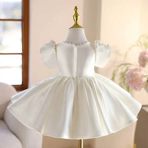 Robe de demoiselle d'honneur en satin blanc, robe courte bouffante de princesse avec col en perles, tenue d'anniversaire et de mariage pour enfant de 1 à 12 ans - Product Image 4