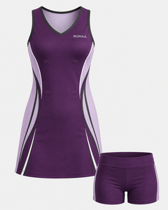 Vestido de Netball Personalizado en Morado Lila y Negro para Mujer, con Pantalones Cortos Interiores, Cuello en V, Uniforme de Equipo, Corte Atlético - Product Image 1
