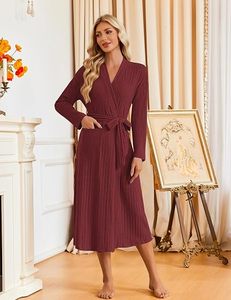 Women's Knitted Robe Solid Color Long Sleeve V-Neck Belted <b>Wrap</b> Dress Pockets Machine Washable Hypoallergenic Microfiber - Product Image 3