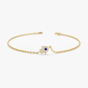 Pulsera de Mano Hamsa de Oro Sólido de 14K, Oro Blanco, Oro Rosa, Oro Amarillo, Diamantes Naturales, Zafiro Azul, Joyería Fina, Regalo para Ella - Product Image 1