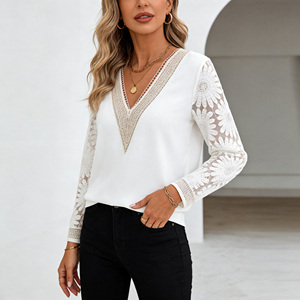 SWEET BABE Vente Flash Blouse en dentelle blanche pour femme, manches classiques, col en V, coupe ajustée, respirante, avec collier de perles, Printemps-Été - Product Image 2