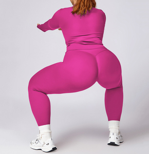 Womens 2-Piece Yoga Set Pink Full Length Leggings With <b>Zipper</b> <b>Top</b> Sweat-Wicking Breathable Seamless High Waist Spandex Polyester - Product Image 3