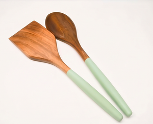 Juego de espátula y cuchara de madera con mangos de silicona color menta, diseño minimalista, apto para lavavajillas, utensilios para cocina y eventos. - Product Image 1