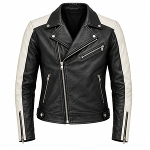 Veste de motard en cuir véritable noir et blanc pour homme avec fermeture éclair asymétrique, manches contrastées et poches zippées - Product Image 1