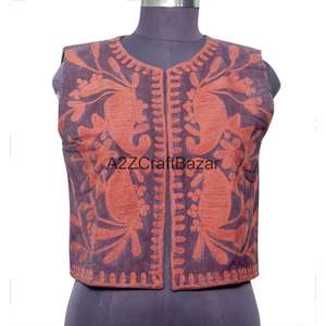 เสื้อกั๊กผ้าฝ้ายพิมพ์ลายดอกไม้สไตล์ซูซานี แขนสั้น ตัดเย็บด้วยมือ สำหรับผู้หญิง ใส่ได้ทุกฤดู มีโลโก้ด้านหน้า - Product Image 5