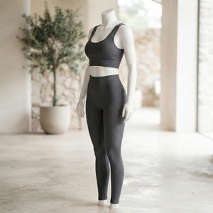 Conjunto de yoga acanalado color carbón para mujer, top corto y leggings de cintura alta, ropa deportiva para gimnasio, fitness y entrenamiento, conjunto de dos piezas - Product Image 1