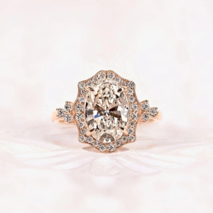 Bague Art Déco 3 carats, diamant de laboratoire CVD ovale, design vintage halo, or rose 14 carats, cadeau d'anniversaire et de naissance pour elle - Product Image 1