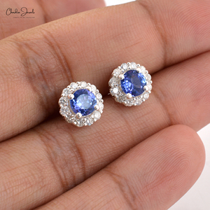 Factory Wholesale Natural 5mm Tanzanite <b>Stud</b> <b>Earrings</b> In 14k White Gold Halo Diamond Accent Classic Wedding <b>Stud</b> OEM ODM Jewelry - Product Image 3