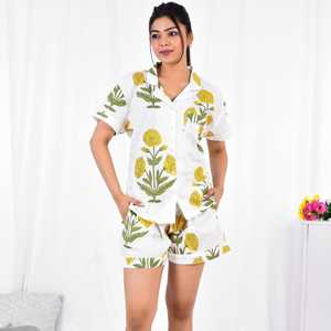 Ensemble de pyjama court en coton floral pour l'été, imprimé indien, vêtements de nuit à manches courtes, imprimé à la main, vêtements de détente doux et respirants - Product Image 4