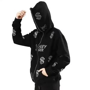 Sudadera con capucha de algodón polar negra con cremallera completa, fabricada en fábrica, diseño personalizado, estilo urbano, con MOQ bajo, teñido liso para invierno - Product Image 2