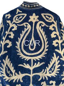 Manteau en velours pour femmes grandes tailles, col mandarin, manches longues, motif floral brodé à la main, vêtements d'extérieur décontractés d'hiver - Product Image 1