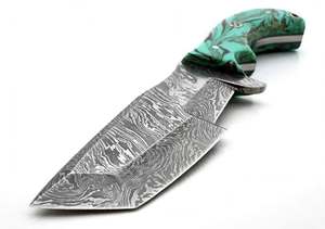 Cuchillo Tanto de Hoja Fija de Acero de Damasco Hecho a Mano para Camping y Uso en Exteriores con Mango de Resina Verde con Remolinos y Perno de Mosaico para Utilidad en Campo - Product Image 3