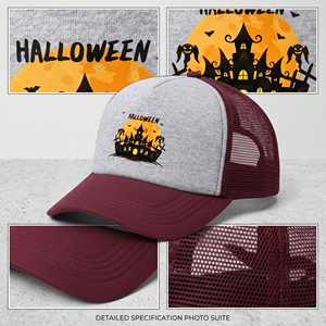 Gorra de Camionero de Halloween con Diseño de Castillo Espeluznante, Frente Blanco, Parte Trasera de Malla Verde Oliva, Ajustable, Unisex, para Fiestas - Product Image 6
