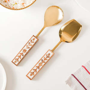 Juego de Cuchara y Espátula para Arroz de Acero Inoxidable con Diseño Real y Acabado Espejo Dorado, con Mango de Hoja y Estrella, Cubertería Moderna para Catering - Product Image 1
