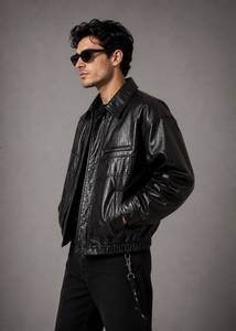Chaqueta de Lona y Cuero Genuino para Hombre, Estilo Motociclista Vintage, Cierre de Cremallera, Cuello Camisero, Manga Larga, Chaqueta Casual de Moda - Product Image 4
