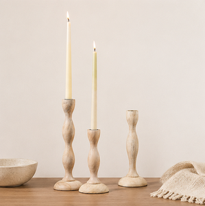Handcrafted Wavy Wooden <b>Taper</b> <b>Candle</b> Holder Set Of 3 Rustic Distressed Mango Wood Candlestick Holders For Modern Farmhouse Decor - Product Image 2