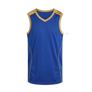 Maillot de basket-ball respirant en maille polyester sans manches, col en V, bleu royal, bordure dorée, uniforme d'équipe, maillot de basket-ball de performance - Product Image 1