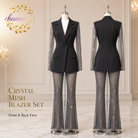 Ensemble de costume blazer vintage en crêpe de haute qualité pour femme, avec design sexy en maille et strass, motif original, ODM