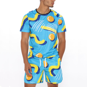 Men's Casual Summer Short Sleeve Woven 100% Cotton Breathable Solid Design Digital Printing T-Shirt Shorts <b>Set</b> - Product Image 3