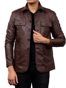 Men’s Chocalate Brown <b>Leather</b> <b>Blazer</b> - Product Image 1