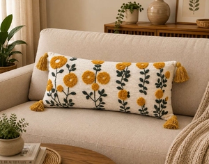 Custom Handmade Cotton Yellow Floral Embroidery Lumbar <b>Cushion</b> Boho Style Botanical Tufted <b>Long</b> Accent Pillow with Tassels - Product Image 1