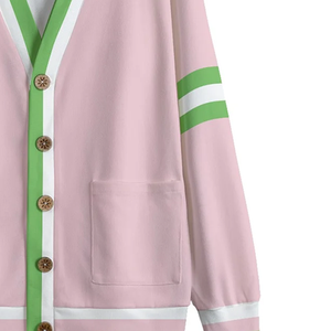 Cárdigan de punto de lana con cuello en V, color rosa salmón y verde manzana, para invierno, informal, con botones frontales y detalles de rayas, estilo hermandad. - Product Image 3