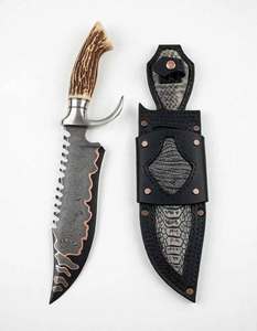 Cuchillo utilitario pesado de acero de Damasco forjado a mano Iron Crown Forge con mango de asta de ciervo, doble guardacuchillo de acero inoxidable y funda de cuero OEM - Product Image 6
