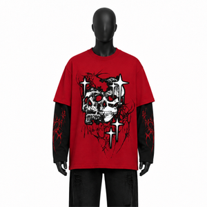 Camiseta de Manga Larga con Estampado de Calavera Gótica, Estilo Falso de Dos Piezas, para Hombre, Streetwear, Oversize, Grunge, Y2K, Hip Hop, Harajuku, Punk, Color Rojo Oscuro - Product Image 1