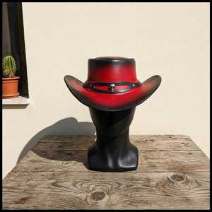 Premium Quality Custom Red Black Leather Cowboy <b>Hat</b> Skull <b>Band</b> Western Gothic Biker Outback <b>Hat</b> - Product Image 1