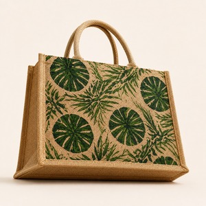 Sac fourre-tout en jute tissé personnalisé avec imprimé feuilles, poignée longue en corde, réutilisable pour le commerce de détail, l'épicerie et les cadeaux - Product Image 5