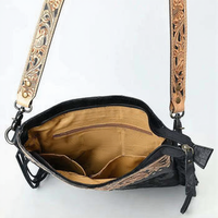 Bolso Bandolera Bohemio de Cuero Genuino con Decoración Bordada, Patrón de Cocodrilo, Correa Única, Cierre de Solapa, Color Negro para Dama