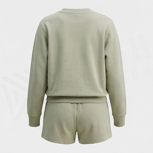 Conjunto de 2 Piezas para Mujer, Sudadera y Pantalones Cortos de Punto, Color Sólido, Cuello Redondo, Manga Larga, Corte Holgado, Estilo Casual, Largo por Encima de la Rodilla - Product Image 2