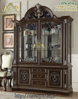 Armoire à curiosités de style français provincial à 4 portes, en bois de teck, finition argentée, verre, taille personnalisée, couleur personnalisée, décoration intérieure